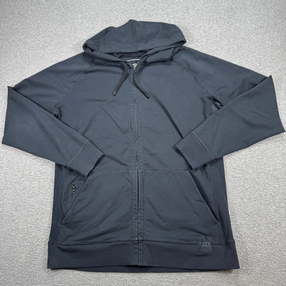 SAXX Down Time Hoodie Men's XL Black Zip Up Sweatshirt UPF Cooling Hiking